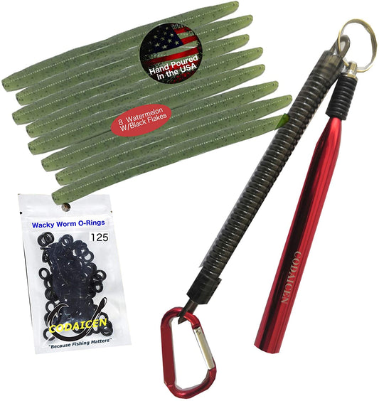 Wacky Rig Worm Fishing Tool Kit - Wacky Rig Tool, Wacky Worm O-Rings, and 8 Senko Style Salted Worms in Watermelon w/ Black Flake