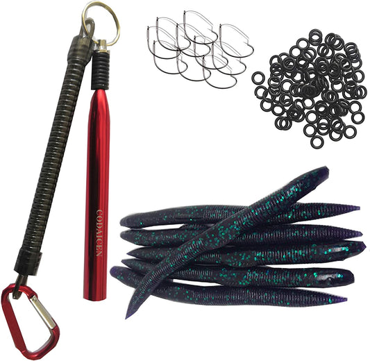 Wacky Rig Worm Fishing Tool Kit - Wacky Rig Tool, 125 Wacky Worm O-Rings, 10 Weedless Fishing Hooks, and 6 Senko Style Salted Worms in Junebug