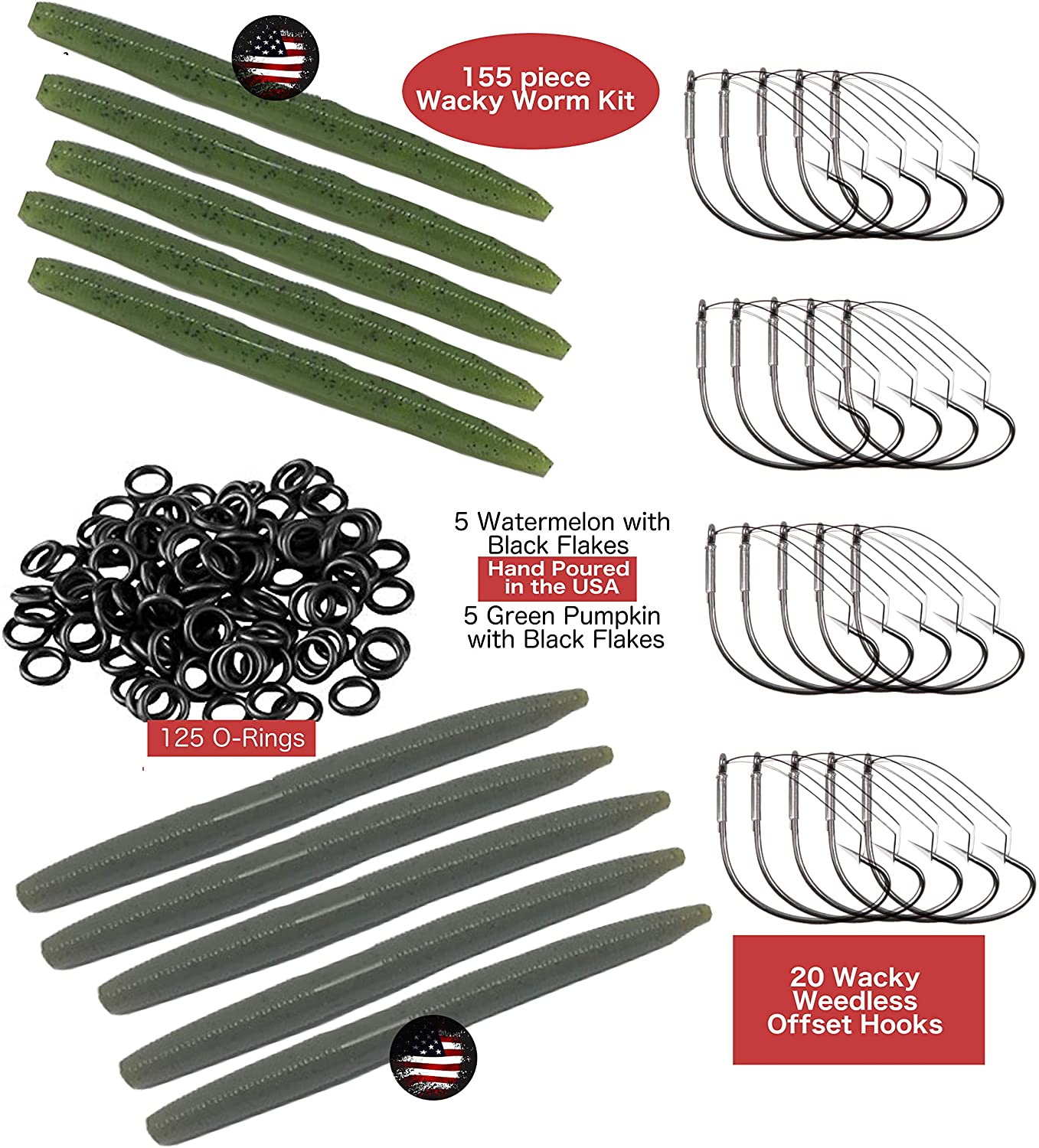 Wacky Worm Rig Hook Kit – 155 pcs Wacky Worms, Weedless Hooks, O Rings, and Soft Stick Baits