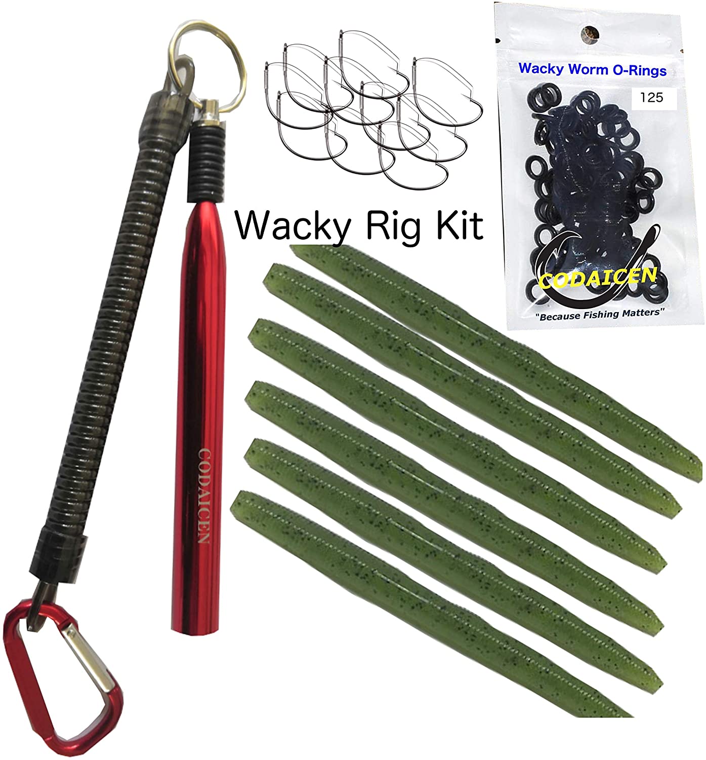 Wacky Rig Fishing Tool Kit - Wacky Rig Tool, 125 Wacky Worm O-Rings, 10 Weedless Fishing Hooks, and 6 Senko Style Salted Worms