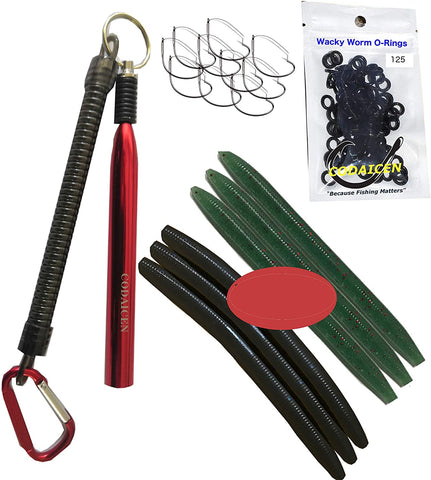 Wacky Rig Worm Fishing Tool Kit - Wacky Rig Tool, 125 Wacky Worm O-Rings, 10 Weedless Fishing Hooks and 6 Senko Style Salted Worms in Black w/ Blue Flake and Watermelon w/ Red Flake