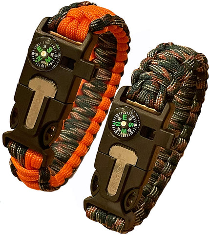Tactical Survivor Paracord Bracelets with Fire Starter Scraper/Knife Whistle and Compass (Set of 2)