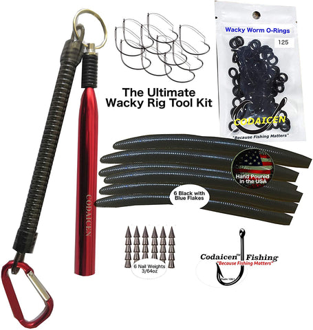 The Ultimate Wacky Rig Worm Fishing Tool Kit - Wacky Rig Tool, 125 Wacky Worm O-Rings, 10 Weedless Fishing Hooks and 6 Senko Style Salted Worms Stick Bait in Black with Blue Flake