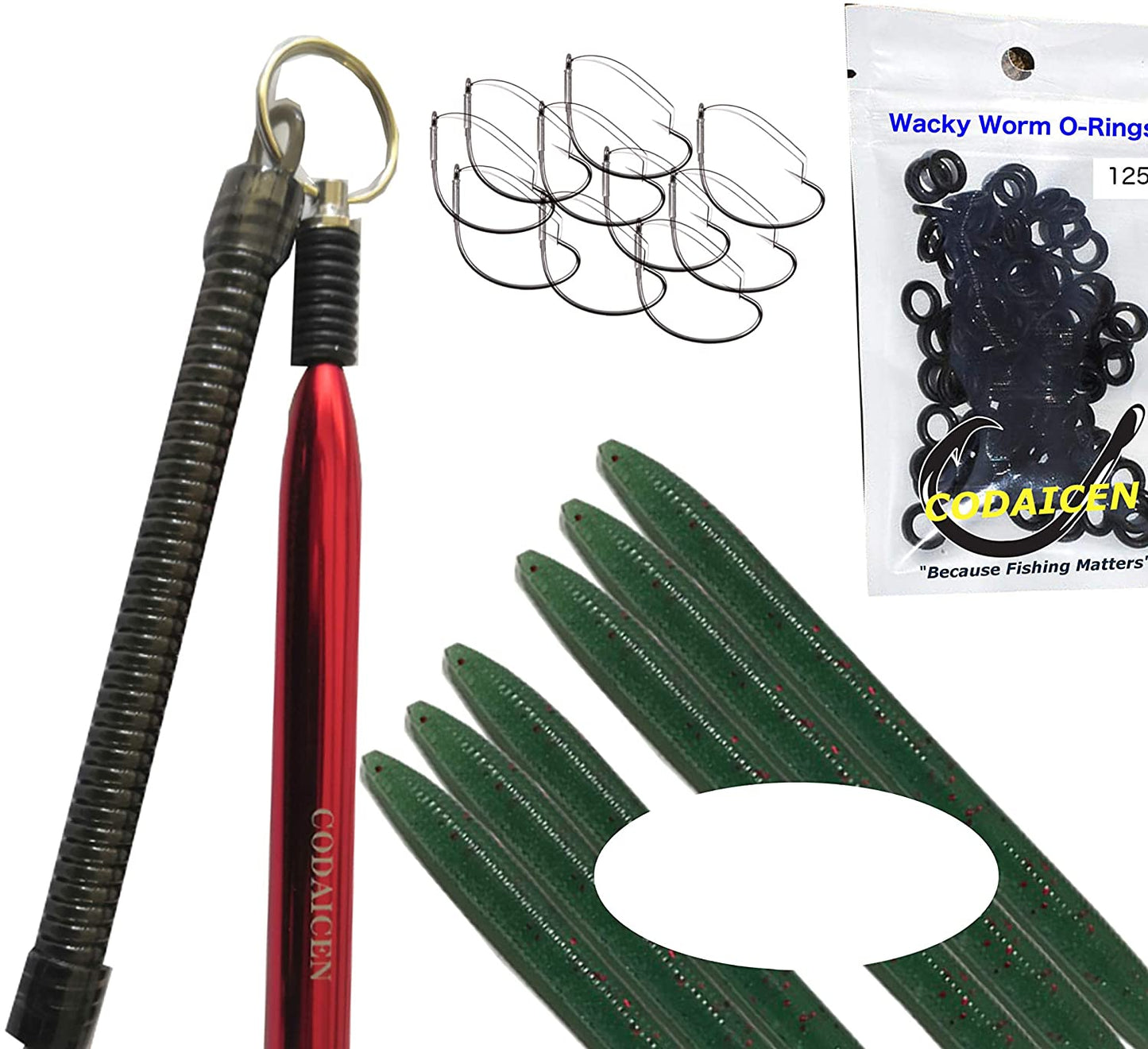 Wacky Rig Worm Fishing Tool Kit - Wacky Rig Tool, 125 Wacky Worm O-Rings, 10 Weedless Fishing Hooks, and 6 Senko Style Salted Worms- 3 Watermelon w/ Black Flake and 3 Watermelon w/ Red Flake