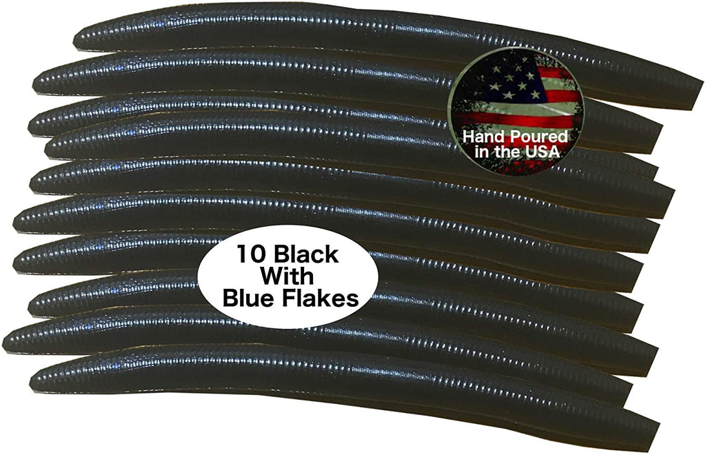 10 Pack of Black with Blue Flake Soft Stick Wacky Worms Salted 5