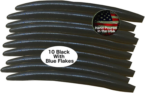 10 Pack of Black with Blue Flake Soft Stick Wacky Worms Salted 5 Inch - Neko/Senko Style
