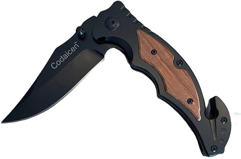 Wood Handle Folding Tactical Pocket Knife - Stainless Steel Blade Survival Knife with Glass Window Breaker and Seat Belt Cutter