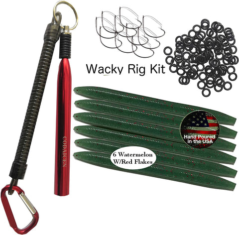 Wacky Rig Worm Fishing Tool Kit - Wacky Rig Tool, 125 Wacky Worm O-Rings, 10 Weedless Fishing Hooks, and 6 Senko Style Salted Worms in Watermelon w/ Red Flake