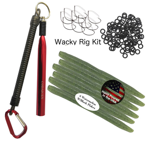 Wacky Rig Worm Fishing Tool Kit - Wacky Rig Tool, 125 Wacky Worm O-Rings, 10 Weedless Fishing Hooks, and 6 Senko Style Salted Worms in Watermelon w/ Black Flake